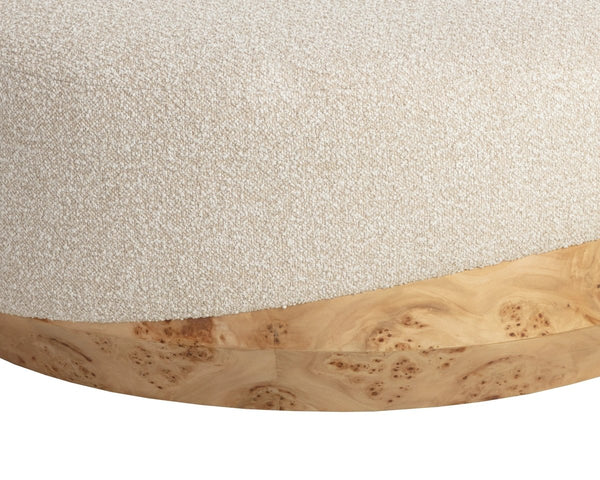 Sunpan Mithuna Round Ottoman with Burl Wood Base and Plush Oatmeal Upholstered Cushioned Top Large 112894