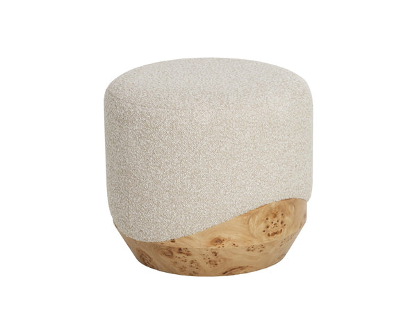 Sunpan Mithuna Round Ottoman with Burl Wood Base and Plush Oatmeal Upholstered Cushioned Top Small 112895