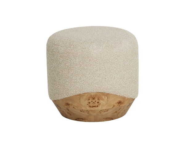 Sunpan Mithuna Round Ottoman with Burl Wood Base and Plush Oatmeal Upholstered Cushioned Top Small 112895