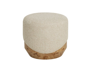 Sunpan Mithuna Round Ottoman with Burl Wood Base and Plush Oatmeal Upholstered Cushioned Top Small 112895
