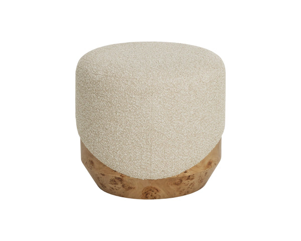 Sunpan Mithuna Round Ottoman with Burl Wood Base and Plush Oatmeal Upholstered Cushioned Top Small 112895