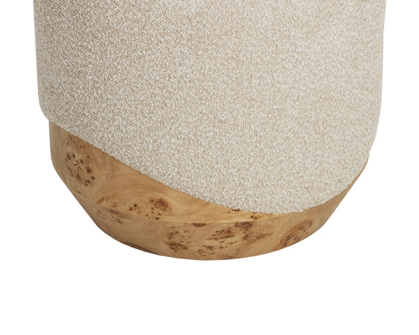 Sunpan Mithuna Round Ottoman with Burl Wood Base and Plush Oatmeal Upholstered Cushioned Top Small 112895
