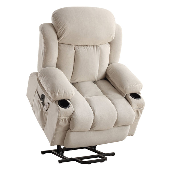 English Elm Power Lift Recliner Chair with Heat & 4-Point Massage, USB Port, Cup Holders, Remote for Living Room Beige W1521P303189