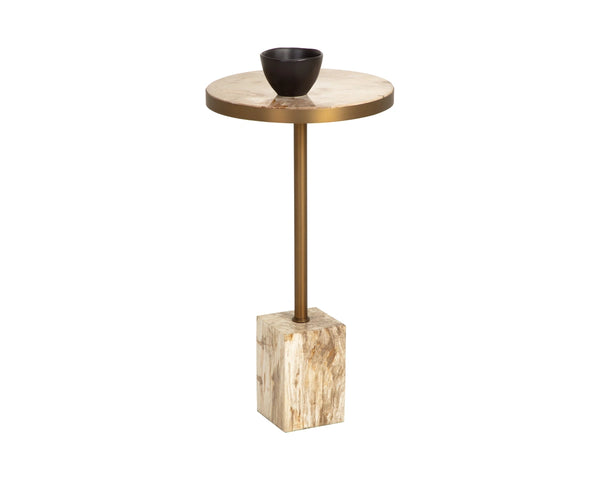 Sunpan Parinari Petrified Wood Round End Table Sculptural Stone Top with Slim Metal Pedestal 112923
