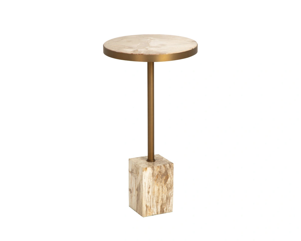 Sunpan Parinari Petrified Wood Round End Table Sculptural Stone Top with Slim Metal Pedestal 112923