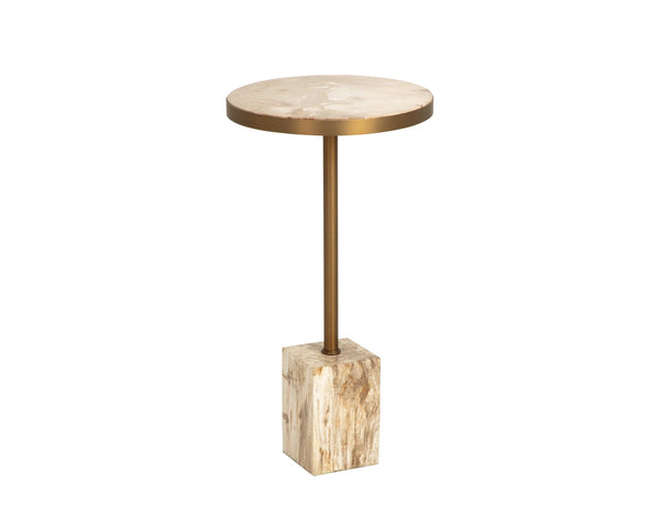 Sunpan Parinari Petrified Wood Round End Table Sculptural Stone Top with Slim Metal Pedestal 112923