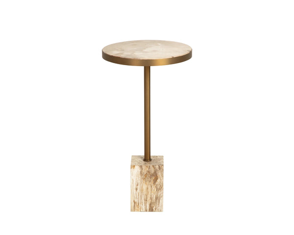 Sunpan Parinari Petrified Wood Round End Table Sculptural Stone Top with Slim Metal Pedestal 112923