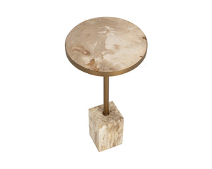Sunpan Parinari Petrified Wood Round End Table Sculptural Stone Top with Slim Metal Pedestal 112923