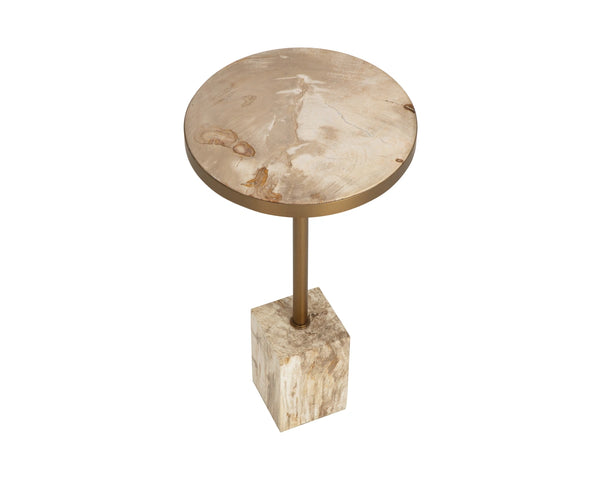 Sunpan Parinari Petrified Wood Round End Table Sculptural Stone Top with Slim Metal Pedestal 112923