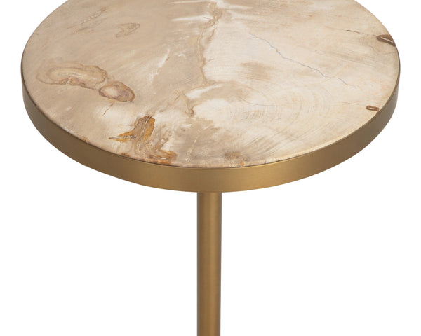 Sunpan Parinari Petrified Wood Round End Table Sculptural Stone Top with Slim Metal Pedestal 112923