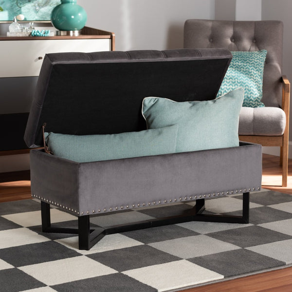 Baxton Studio Baxton Studio Elegant Velvet Storage Ottoman with Lift-Top Design and Contemporary Nailhead Trim Grey WS-20716-Grey/Espresso-Otto