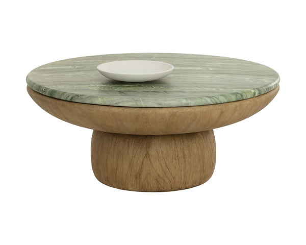 Sunpan Orula Round Concrete Coffee Table with Sage Marble Look Top and Oak Pedestal Base 112969