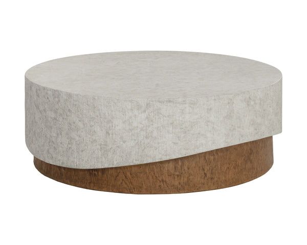 Sunpan Leda Round Concrete Coffee Table with Faux Marble Top and Wood Grain Base 112976