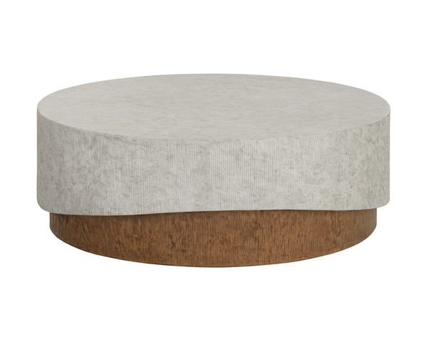 Sunpan Leda Round Concrete Coffee Table with Faux Marble Top and Wood Grain Base 112976