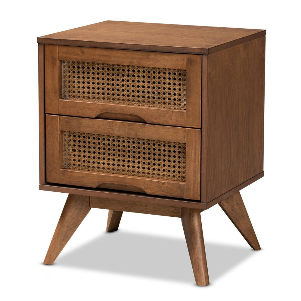 Baxton Studio Barrett Mid-Century Nightstand - Walnut Brown Wood & Rattan, 2 Drawers for Storage