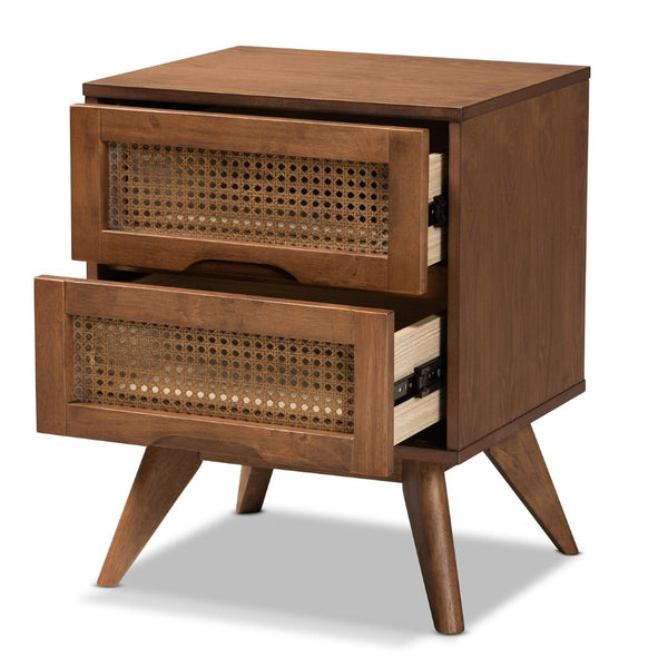 Baxton Studio Baxton Studio Barrett Mid-Century Nightstand - Walnut Brown Wood & Rattan, 2 Drawers for Storage MG9001-Rattan-2DW-NS