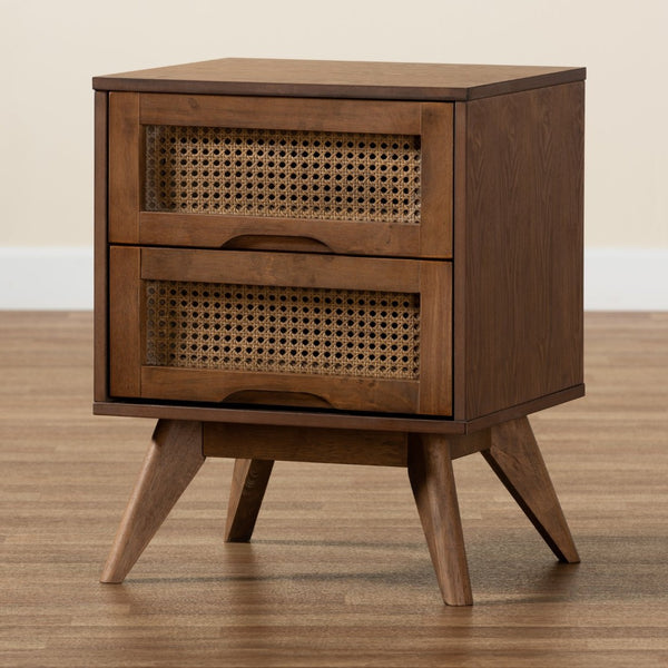 Baxton Studio Baxton Studio Barrett Mid-Century Nightstand - Walnut Brown Wood & Rattan, 2 Drawers for Storage MG9001-Rattan-2DW-NS