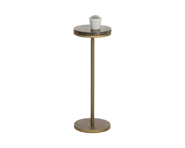 Sunpan Ivor Marble Pedestal End Table Genuine Italian Stone Top with Antique Brass Iron Base Brown 112983