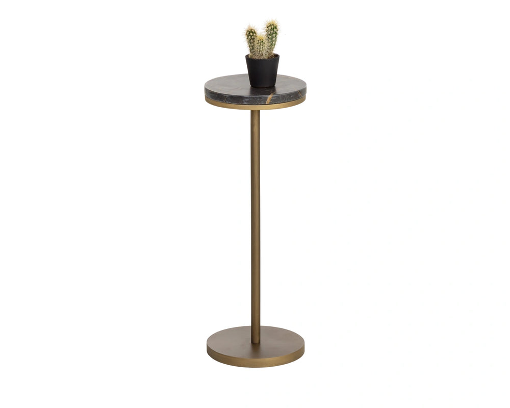 Sunpan Ivor Marble Pedestal End Table Genuine Italian Stone Top with Antique Brass Iron Base Green 112984