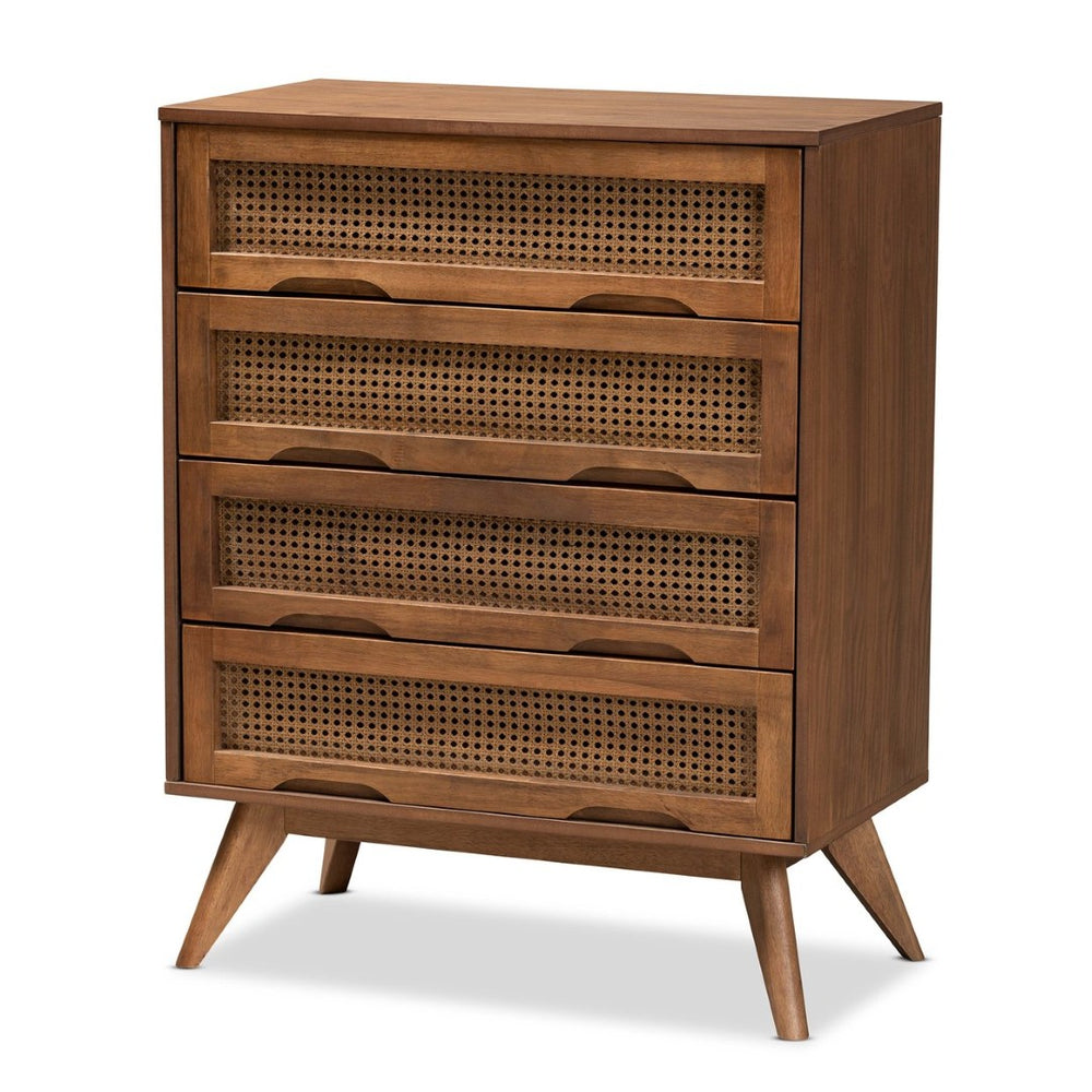 Baxton Studio Baxton Studio Barrett 4-Drawer Chest: Mid-Century Walnut Finish with Rattan Accents for Stylish Storage MG9001-Rattan-4DW-Chest