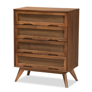 Baxton Studio Baxton Studio Barrett 4-Drawer Chest: Mid-Century Walnut Finish with Rattan Accents for Stylish Storage MG9001-Rattan-4DW-Chest