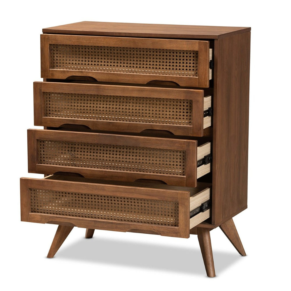 Baxton Studio Baxton Studio Barrett 4-Drawer Chest: Mid-Century Walnut Finish with Rattan Accents for Stylish Storage MG9001-Rattan-4DW-Chest