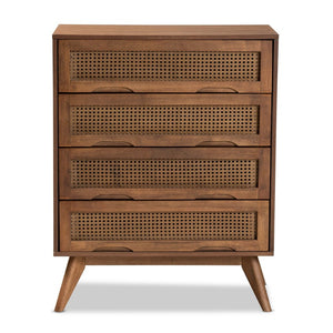 Baxton Studio Baxton Studio Barrett 4-Drawer Chest: Mid-Century Walnut Finish with Rattan Accents for Stylish Storage MG9001-Rattan-4DW-Chest