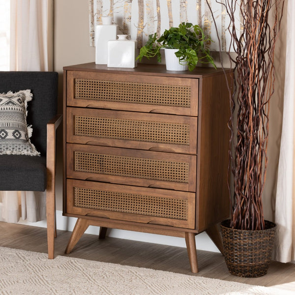 Baxton Studio Baxton Studio Barrett 4-Drawer Chest: Mid-Century Walnut Finish with Rattan Accents for Stylish Storage MG9001-Rattan-4DW-Chest