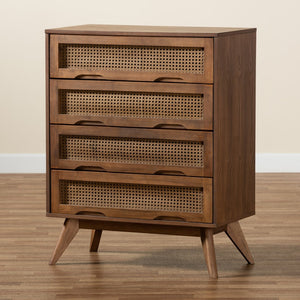 Baxton Studio Baxton Studio Barrett 4-Drawer Chest: Mid-Century Walnut Finish with Rattan Accents for Stylish Storage MG9001-Rattan-4DW-Chest