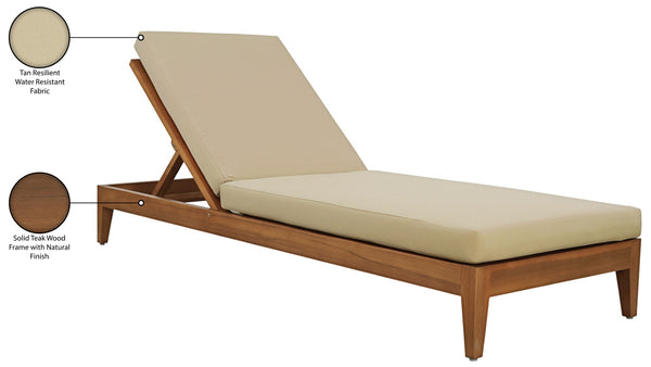 Meridian Furniture Mirella Solid Teak Outdoor Chaise Lounge with Water Resistant Cushion for Pool and Patio Resort Tan 112Tan