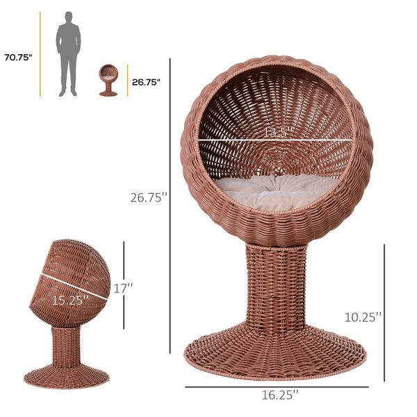 English Elm Cat Basket Bed Elevated Woven Grass Bowl with Plush Cushion on Steel Wire Stand T3971P437340