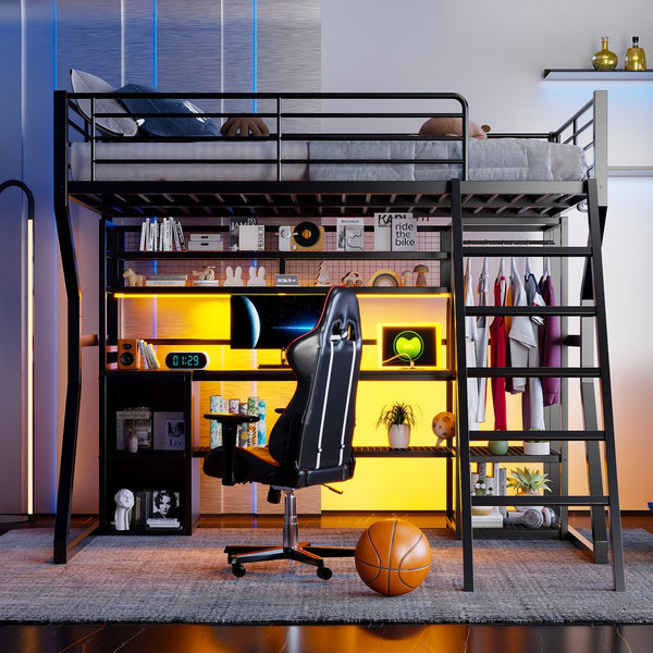English Elm Full Size Metal Gaming Loft Bed With Workstation, Led Lights, Storage Solutions & Open Wardrobe N7090000666B