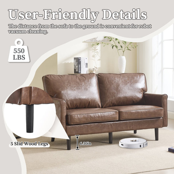 English Elm Loveseat Mid Century Modern Two-Seater Sofa with USB Type-C Charging, Removable Zipper Covers, Durable Wood Legs Brown PU W395P238821