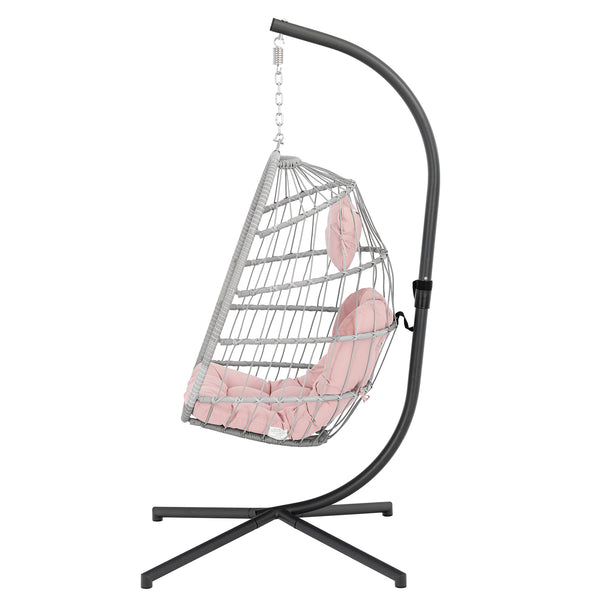 English Elm Outdoor Wicker Rattan Swing Chair Pink Cushioned Hanging Hammock Seat Aluminum Frame Portable Cozy Patio Decor W349110628