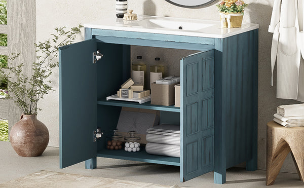 English Elm 36" Bathroom Vanity Organizer with Ceramic Sink, Solid Wood Distressed Finish, Hand-Painted Charm and Ample Storage Retro Blue N729P255666C