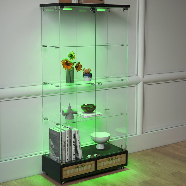 English Elm Modern Glass Display Cabinet With Led Lights, 4 Shelves & Drawers - Stylish Furniture For Collectors W241S00057
