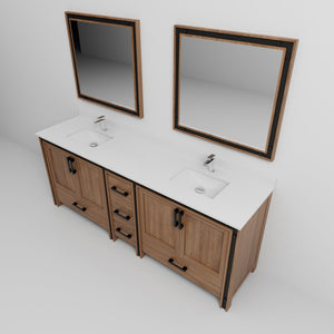 English Elm Rustic Barnwood Double Bath Vanity 84" W x 22" D with White Quartz Top, Chrome Faucets & 34" Mirrors B2731S01137