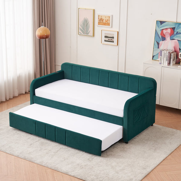 English Elm Twin Upholstered Daybed with Trundle Sofa Bed for Guest Room, Pine Wood Frame, Velvet Upholstery, Sturdy Slat Support and Full-Length Comfort Emerald W1361S00024