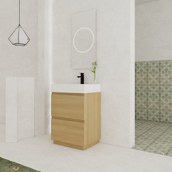 English Elm 24" Modern Bathroom Vanity with Single Undermount Sink, Engineered Wood, Waterproof Finish, 2 Drawers and Pre-Drilled Faucet Hole Oak W1972S00005