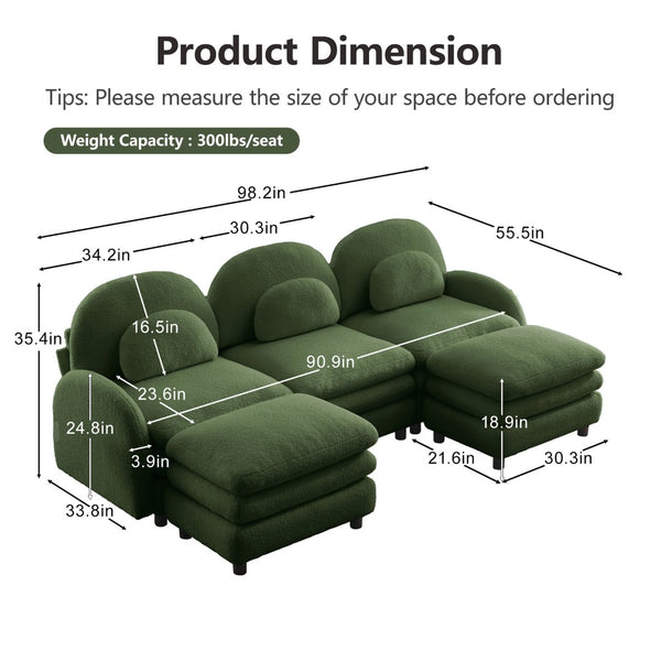 English Elm Teddy Fleece Modular Cloud Sofa Plush Three Seat Sectional with Movable Ottomans Green W5656S00086