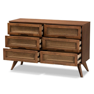Baxton Studio Baxton Studio Barrett Mid-Century Dresser – Walnut Finish with Rattan Drawers for Stylish Storage MG9001-Rattan-6DW-Dresser