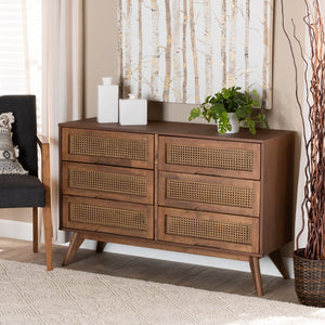 Baxton Studio Baxton Studio Barrett Mid-Century Dresser – Walnut Finish with Rattan Drawers for Stylish Storage MG9001-Rattan-6DW-Dresser