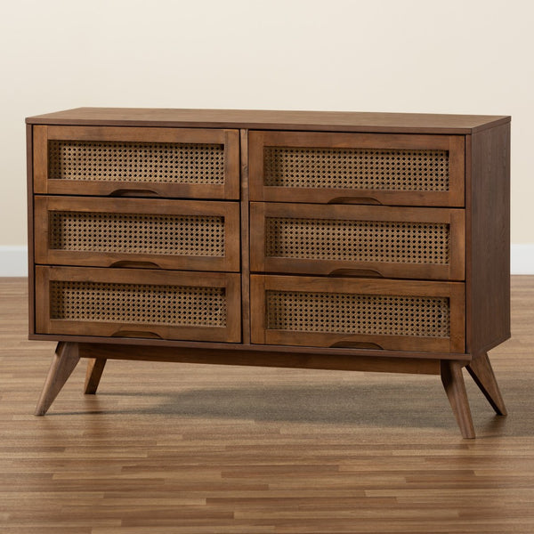 Baxton Studio Baxton Studio Barrett Mid-Century Dresser – Walnut Finish with Rattan Drawers for Stylish Storage MG9001-Rattan-6DW-Dresser