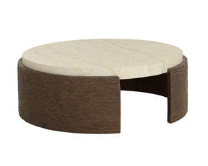 Sunpan Mesa Round Concrete Coffee Table with Travertine Top and Faux Wood Carved Base 113005
