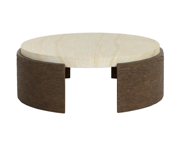 Sunpan Mesa Round Concrete Coffee Table with Travertine Top and Faux Wood Carved Base 113005