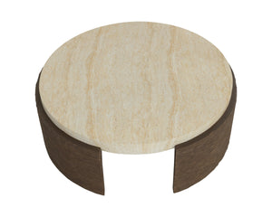 Sunpan Mesa Round Concrete Coffee Table with Travertine Top and Faux Wood Carved Base 113005