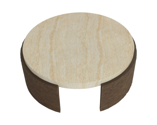 Sunpan Mesa Round Concrete Coffee Table with Travertine Top and Faux Wood Carved Base 113005