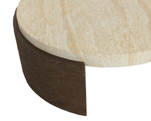 Sunpan Mesa Round Concrete Coffee Table with Travertine Top and Faux Wood Carved Base 113005