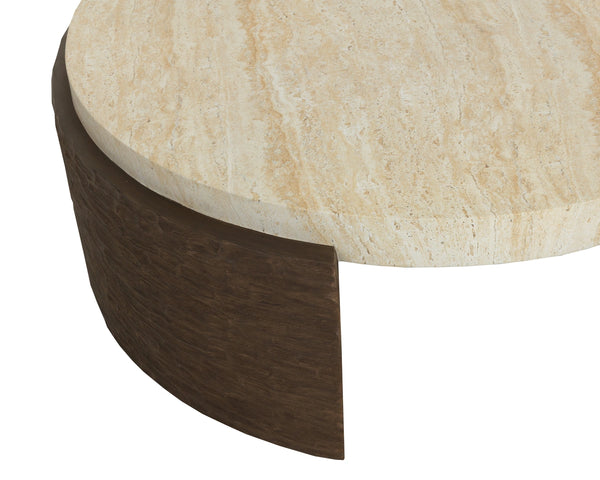 Sunpan Mesa Round Concrete Coffee Table with Travertine Top and Faux Wood Carved Base 113005