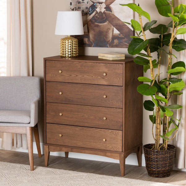 Baxton Studio Baxton Studio Landis 4-Drawer Chest - Mid-Century Modern Ash Walnut Storage with Gold Knobs MG9002-Ash Walnut-4DW-Chest